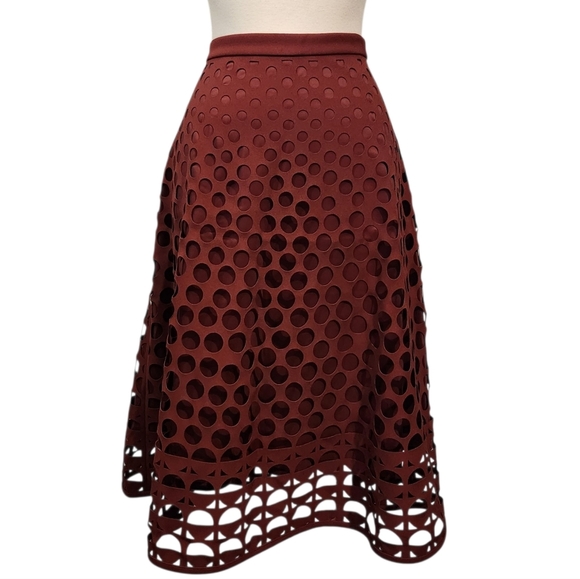 EUC J CREW BURGUNDY LASER CUT-OUT GEOMETRIC A-LINE MIDI SKIRT, SZ4 - Picture 6 of 14